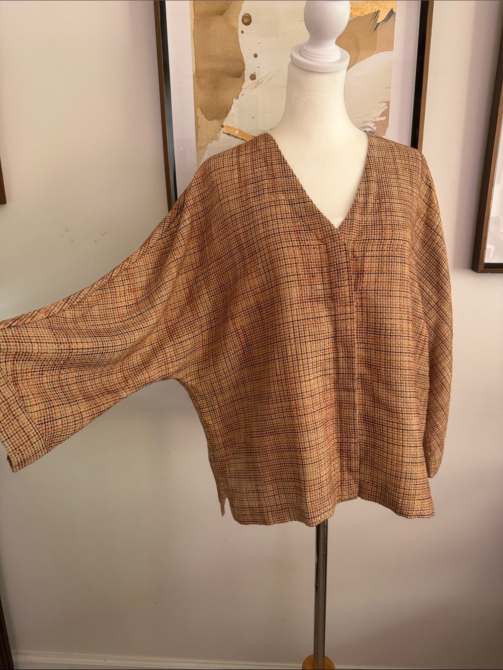 Yasemin Özeri brown copper plaid V-neck top relaxed wide kimono sleeves